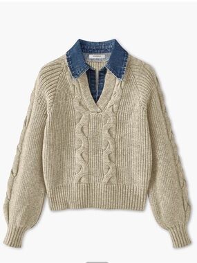 Commense Denim Panel Ribbed Lapel Sweater